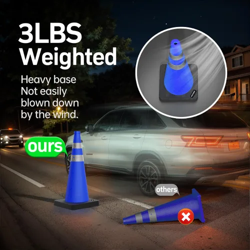 Miniatura 3 de BATTIFE [1 Paquete] Conos azules plegables de seguridad de tráfico de 28 pulgadas con base negra pesada, conos emergentes multiusos con collar