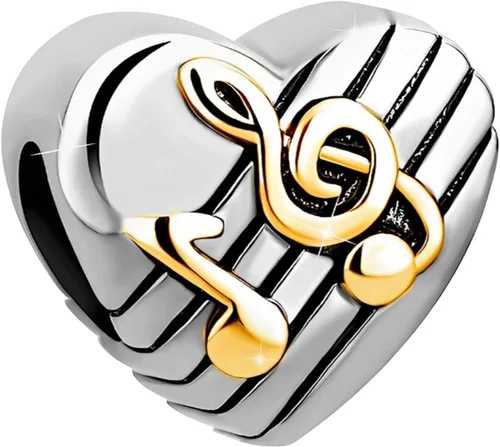 Miniatura 2 de Dijes de cuentas de corazón de amor con notas musicales doradas, compatibles con pulseras Pandora, regalos de joyería de cumpleaños para mujeres