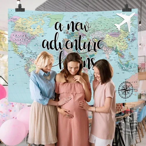 Miniatura 6 de Una nueva aventura comienza viajando niño, decoración de fiesta de baby shower, telón de fondo, mapa del mundo alrededor del mundo, aventura espera