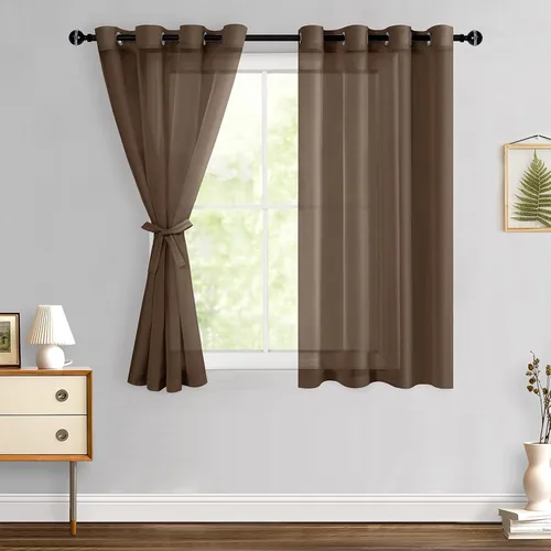 Miniatura 90 de Hiasan - Cortinas traslúcidas de gasa cortas semitransparentes con ojales y alzapaños filtrantes de luz para ventana, dormitorio, baño, 2 paneles