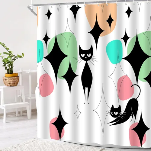 Mid Century Black Cat Shower Curtain Modern Atomic Abstract Geometric Iconic Pattern Retro Black Kitty Animal 1950s 1960s Vintage Funny Teal Fabric