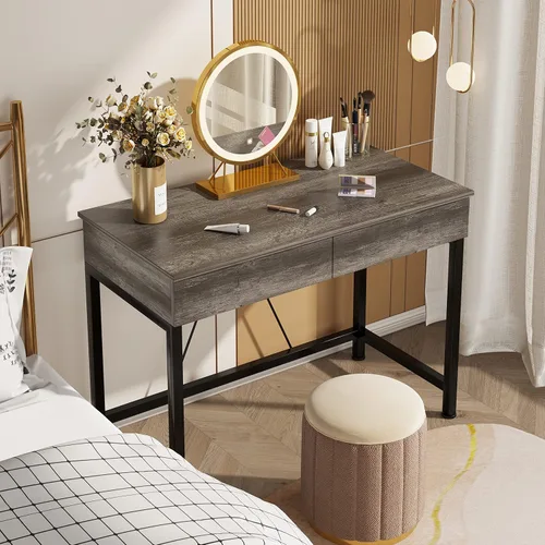 Miniatura 9 de Mexin Escritorio pequeño con 2 cajones de madera, escritorio de escritura para oficina en casa de 40 pulgadas, escritorio de tocador con Roble gris
