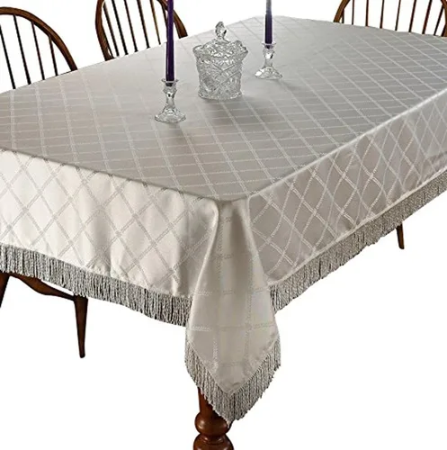 Miniatura 6 de Violet Linen Mantel con flecos con diseño de damasco de diamante, color beige, cuadrado de 54 x 54 pulgadas