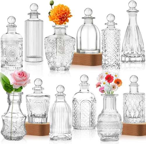 Miniatura 8 de Botellas de vidrio transparente con tapas, jarrones a granel, juego de 12 mini jarrones de flores para decoración de mesa, botella pequeña