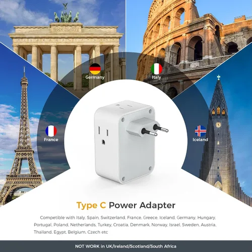 Miniatura 2 de TESSAN Europe - Adaptador de enchufe de viaje europeo, 2 unidades, adaptador de corriente internacional con 4 tomas de corriente, 3 puertos de carga