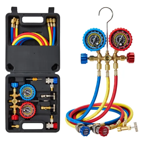WISSCOOL Juego de medidor de CA Calibradores de climatización para R134 R22 R12 R502, con mangueras de 5 pies acopladores adaptadores herramientas