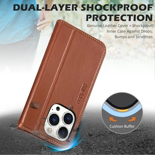 Miniatura 5 de SHIELDON Funda para iPhone 14 Pro 5G 2022, funda tipo cartera de piel auténtica con función atril y bloqueo RFID, funda magnética que absorbe