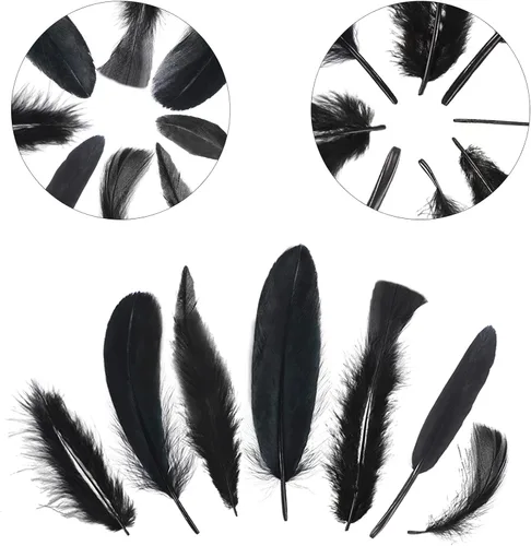 Miniatura 5 de MARFOREVER 320 plumas negras de Halloween a granel, 8 estilos surtidos de plumas naturales mixtas, plumas de ganso negro para manualidades
