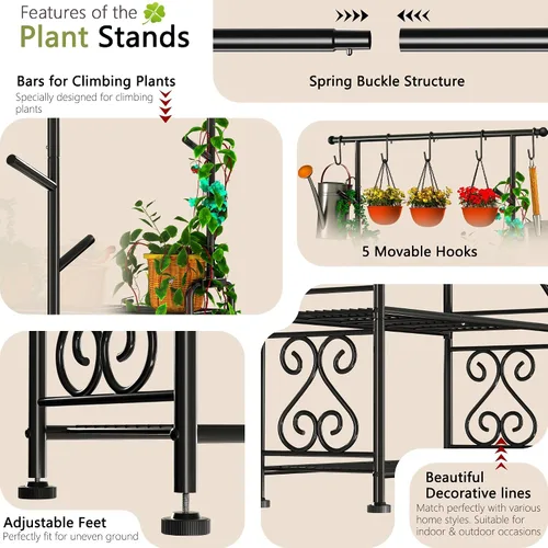 Miniatura 6 de GIOTORENT Soporte para plantas de interior, estante de metal resistente de 3 niveles para patio e interior, soporte alto para plantas que sostiene