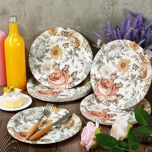 Miniatura 4 de Uiifan 36 platos de papel florales desechables vintage de 9 pulgadas, platos de postre de flores de primavera para jardín, fiesta de té, boda