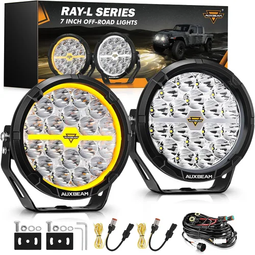 Auxbeam Serie RAY-L - Barra de luz LED redonda de 7 pulgadas para todo terreno con haz puntual blanco/ámbar DRL de 240 W, luces todoterreno para 4x4