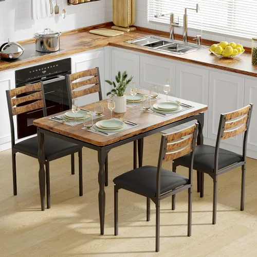 Miniatura 6 de IDEALHOUSE Juego de mesa de comedor de 5 piezas, juego de mesa de comedor y sillas de estilo industrial para 4, juego de mesa de cocina para Marrón