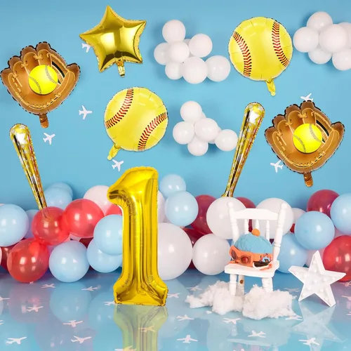 Miniatura 6 de 9 globos de sóftbol, globos de sóftbol de cumpleaños con número de mylar de aluminio para sóftbol, suministros de fiesta de cumpleaños, decoraciones