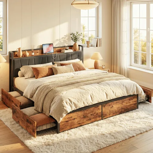 Miniatura 12 de LIKIMIO Armazón de cama Queen con 4 cajones de almacenamiento, cama de plataforma con cabecera con carga, resistente y estable, sin ruido, no Verde