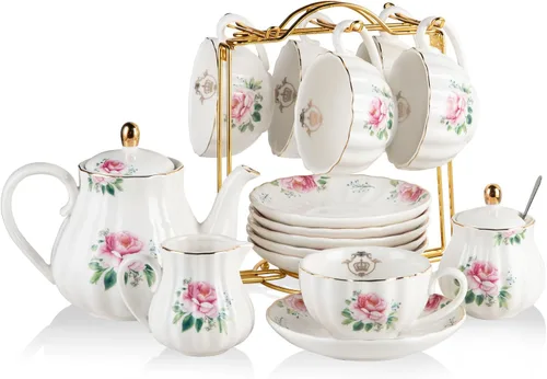 Miniatura 7 de Sweejar Juegos de Té de Porcelana Serie British Royal, Tazas y Platillos de 8 OZ para Servicio de 6, con Tetera Azucarero Jarra de Crema Cucharitas