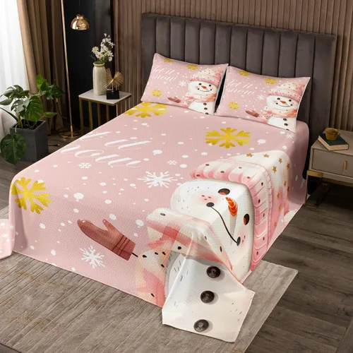 Miniatura 6 de Manfei Colcha de muñeco de nieve de Navidad, tamaño King, colcha acolchada con 2 fundas de almohada, juego de colcha rosa de Navidad de 3 piezas