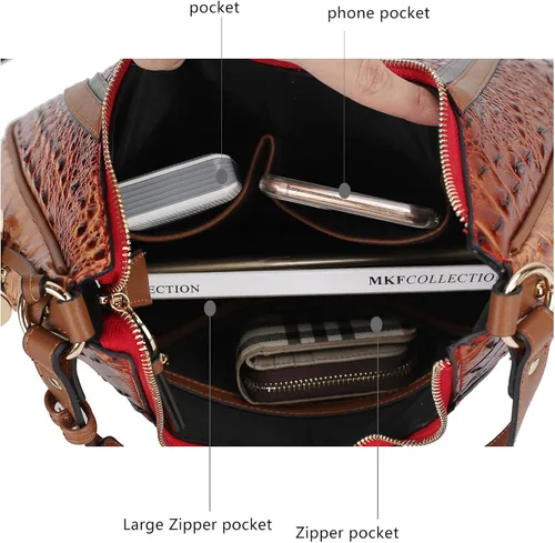 Miniatura 6 de MKF Collection Bolso Hobo para mujer - Bolso de mano de cuero vegano con asa superior de cocodrilo en relieve