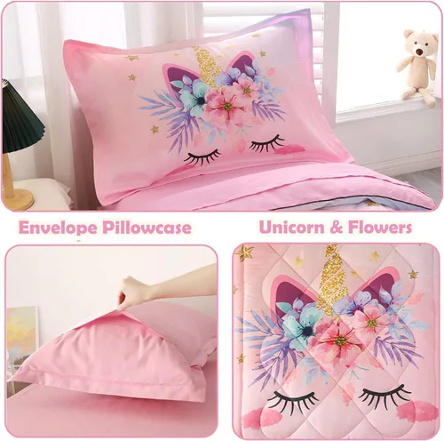Miniatura 5 de KINBEDY Juego de ropa de cama para niños pequeños, 4 piezas, juego de ropa de cama de unicornio rosa para niñas, suave y lindo diseño floral, juego