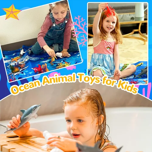 Miniatura 2 de GINMIC Juguetes de animales del océano para niños con alfombra de juego grande, paquete de 18 juguetes de animales marinos realistas surtidos
