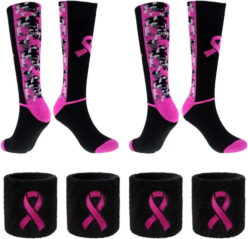 Juego de calcetines de concientización sobre el cáncer de mama con accesorios de cinta rosa, calcetines de fútbol con cinta rosa de camuflaje grueso