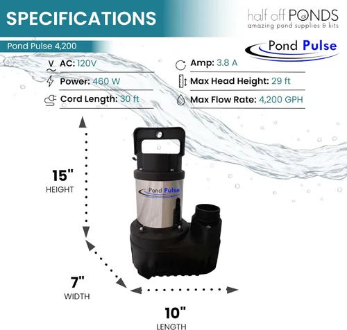 Miniatura 2 de HALF OFF PONDS Bomba de cascada sumergible Pond Pulse de 4,200 GPH – Bomba de estanque de accionamiento híbrido con cable de 30 pies – Eficiente
