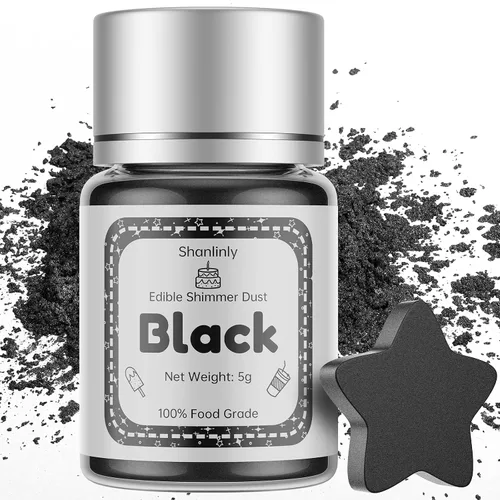 Shanlinly Polvo de Brillo Comestible Negro – 5 Gramos de Polvo Shimmer en Polvo de Grado Alimentario para Pasteles, Polvo Metálico Comestible