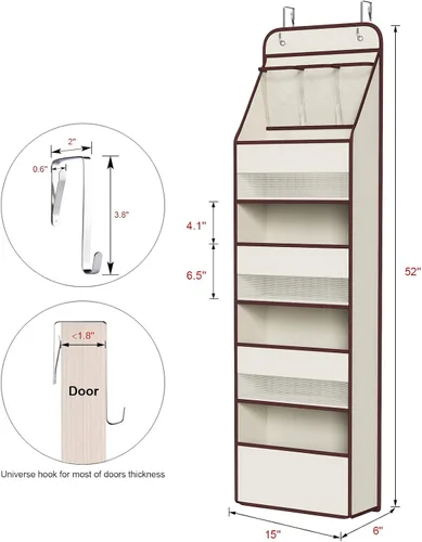 Miniatura 3 de Univivi Organizador para colgar sobre la puerta con 5 estantes de tela, organizador de almacenamiento para puerta con 4 bolsillos grandes y 3