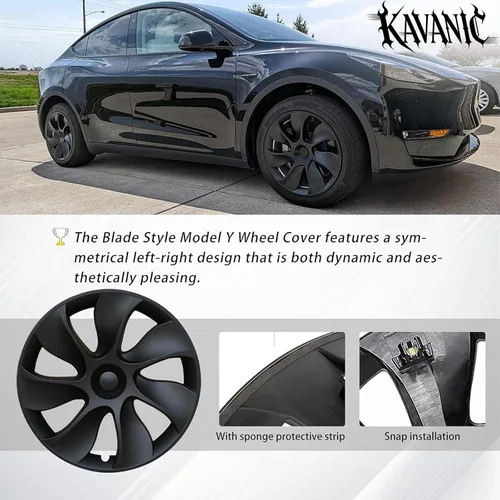 Miniatura 4 de KAVANIC 4 piezas de cubierta de rueda Compatible con Tesla Model Y 19 pulgadas 2020-2024 ABS tapacubos estilo cuchilla negro mate Compatible