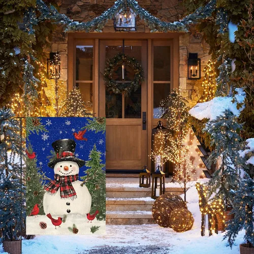 Miniatura 4 de AVOIN colorlife Muñeco de nieve azul con bufanda Bandera de jardín de Navidad 12x18 pulgadas de dos vistas, Bandera decorativa de patio de invierno