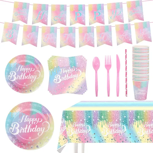 Miniatura 7 de Juegos de Platos y Servilletas de Cumpleaños Arcoíris, Suministros para Fiestas de Cumpleaños Rosa, Platos de Diamante con Purpurina