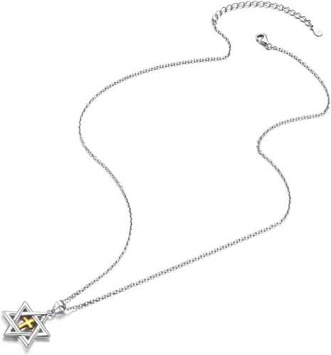 Miniatura 43 de U7 - Collar con Estrella de David para hombres y mujeres, dije hexagonal de acero inoxidable con cruz/piedra de rubí/collares clásicos judíos