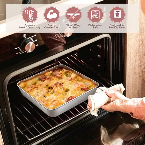 Miniatura 6 de E-far Bandeja para hornear de 9 x 9 pulgadas con tapa, moldes cuadrados de acero inoxidable para hornear, no tóxicos y saludables, fáciles