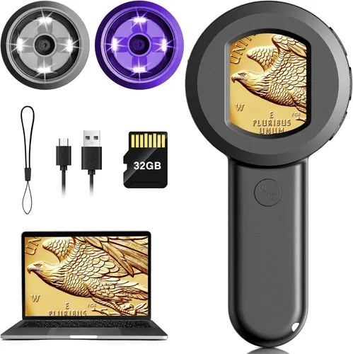 Microscopio digital de bolsillo para adultos y niños: lupa de mano 100X con luz, lupa de monedas USB para coleccionista, lupa portátil para joyeros