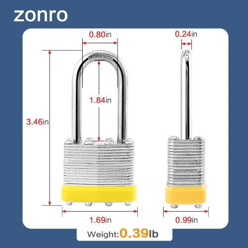 Miniatura 2 de ZonRo Candados de acero laminado con llave, cerraduras iguales con llave, 1-9/16 pulgadas de ancho, candados de grillete largo, paquete de 6, aro