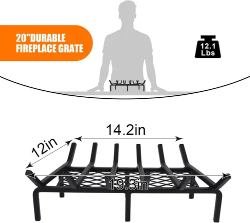 Miniatura 3 de Rejilla de chimenea de 20 pulgadas con retenedor de brasas, rejilla de troncos de chimenea de hierro fundido, soporte para troncos de chimenea