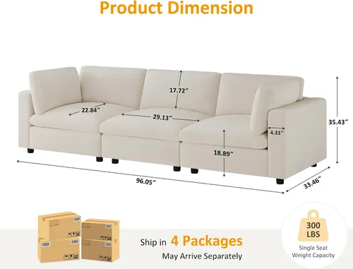 Miniatura 2 de VANOMi Sofá modular, cómodo sofá con marco de madera maciza de 3 asientos, sofá moderno certificado FSC para sala de estar, beige