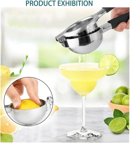 Miniatura 3 de Exprimidor de limón de acero inoxidable, asas de silicona, exprimidor de mano para limones, limas y naranjas, diseño ergonómico antideslizante, Negro