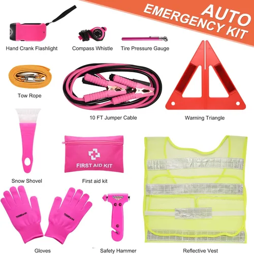 Miniatura 2 de THINKWORK - Kit de emergencia de automóvil, kit de asistencia de emergencia en carretera con cables de arranque de 10 pies, kit de primeros Rosado