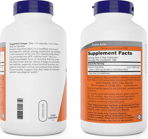 Miniatura 3 de NOW Foods Now Acetil L Carnitina 500 mg, 360 cápsulas vegetales (paquete de 2) – Sin OGM ACL 500 mg Cápsulas Suplemento para hombres y mujeres