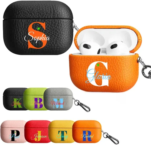 Miniatura 16 de Funda personalizada con nombre para AirPods Pro, añade tus propias iniciales personalizadas, monograma, funda de lujo de cuero vegano para Air Pods