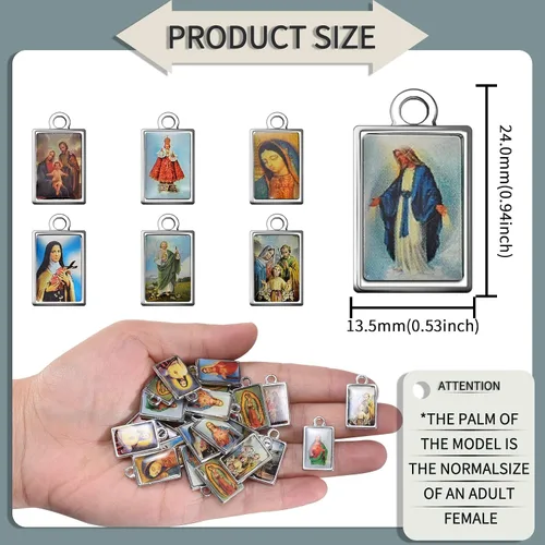 Miniatura 2 de 50 dijes rectangulares de doble cara esmaltados de Jesús con medalla milagrosa de la Virgen María, centro de rosario, cruz y cruz de maría, colgante