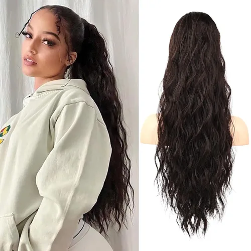 Miniatura 38 de FLUFYMOOZ Extensión de Cola de Caballo, Extensiones de Cabello de Cola de Caballo con Cordón de 26 Pulgadas para Mujeres, Postizo de Cabello