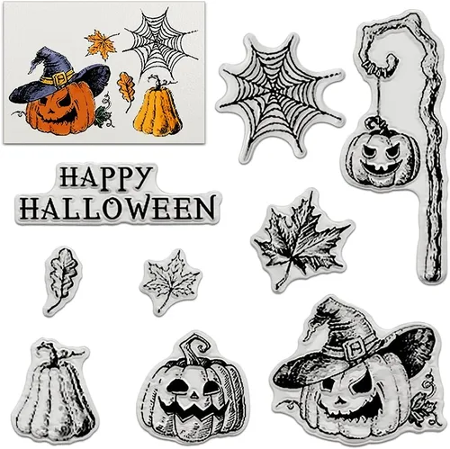Sello de tela de araña transparente con linterna de calabaza feliz Halloween, sellos de hojas de otoño para hacer tarjetas navideñas, decoración y