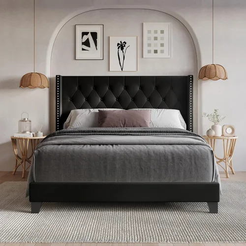 HOME DESIGN Homer - Marco de cama tapizado con respaldo copetudo, cabecera capitonada de piel sintética con botones y ribete de cabeza de clavo,
