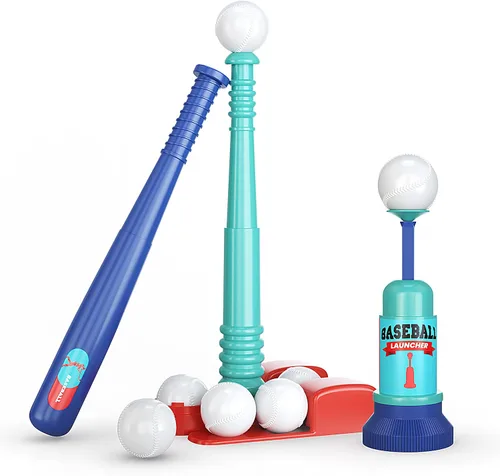 TOMLEON Soporte de T-Ball para niños y niñas de 1-3, 3-5, 5-8 años. Set de béisbol con 6 pelotas grandes, camiseta de bateo T-ball ajustable y