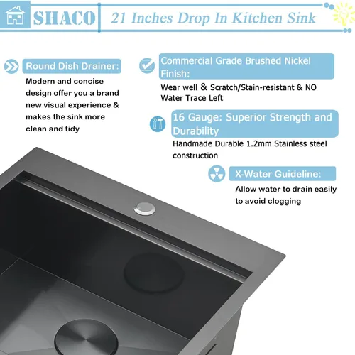 Miniatura 4 de SHACO Fregadero de cocina empotrable negro de 21 pulgadas, 21 x 20 pulgadas, montaje superior negro plomizo de acero inoxidable calibre 16, estación