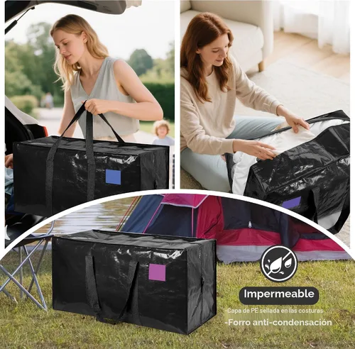 Miniatura 8 de Paquete de 6 bolsas de mudanza con cremallera lateral completamente abierta, extra grandes de 93 L, resistentes al agua, plegables para Negro