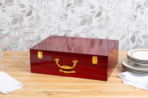 Miniatura 7 de Caja de almacenamiento de cubiertos con cajón, para juegos de hasta 75 piezas, estuche de alto brillo con tapa y asas chapadas en oro, baúl