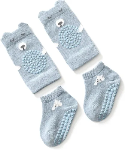 Miniatura 2 de Juego de calcetines y rodilleras para bebé, protectores de pies de algodón suave con puntos antideslizantes para aprender a caminar
