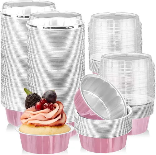 Miniatura 13 de Tessco for you 200 moldes desechables con tapas, 8 onzas, Ramekin Creme Brulee Ramekin, papel de aluminio, para cupcakes, para hornear, San plateado